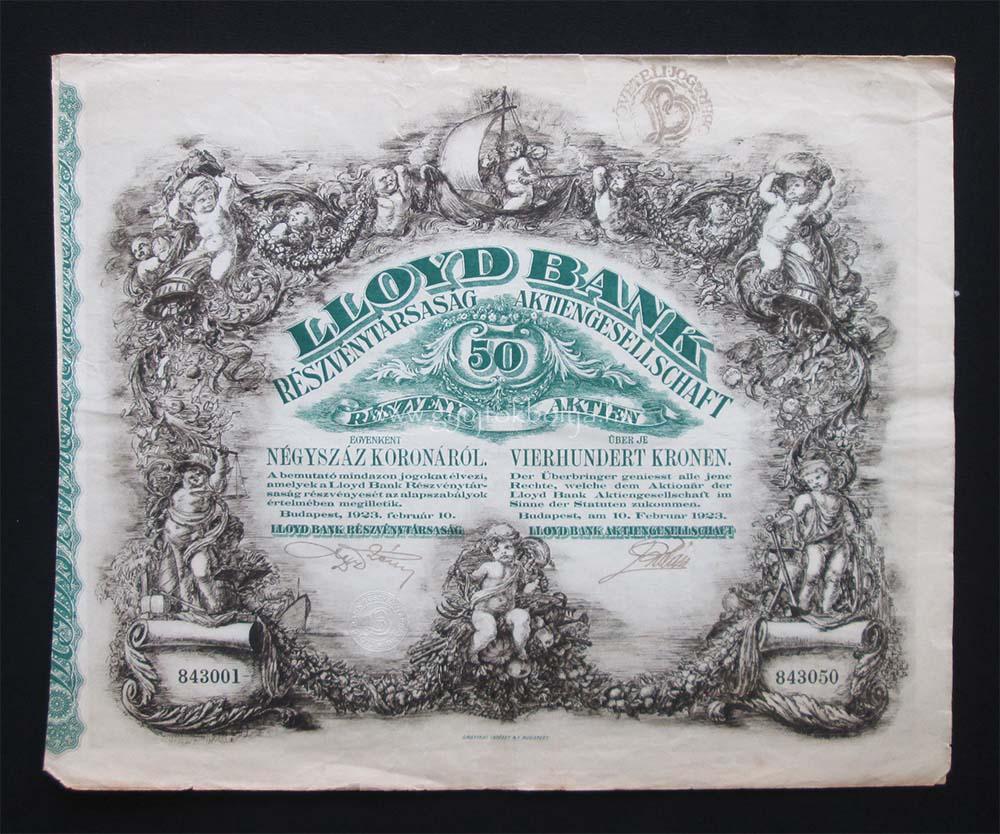 Lloyd Bank Részvénytársaság részvény 50x400 korona 1923
